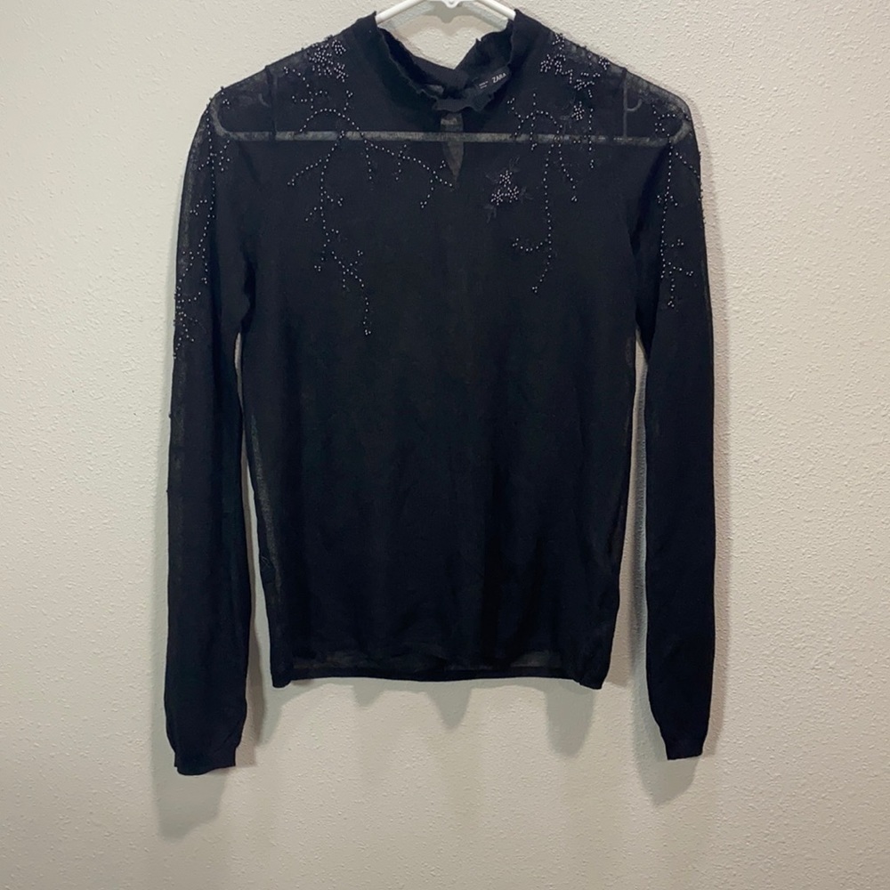 Zara knit beaded illusion sweater mock‎ neck black